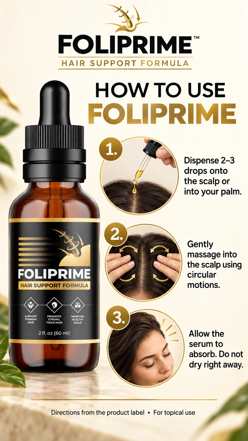 FoliPrime label-directed application: dispense 2–3 drops and massage gently