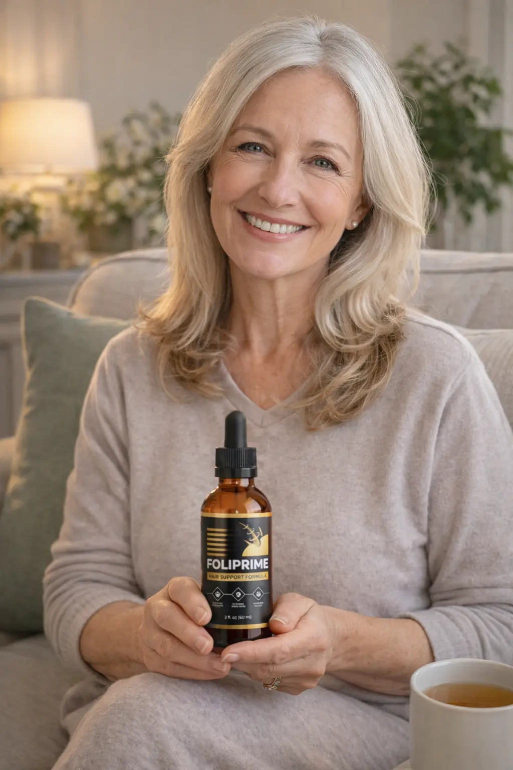 Person holding a FoliPrime bottle, product topic 1
