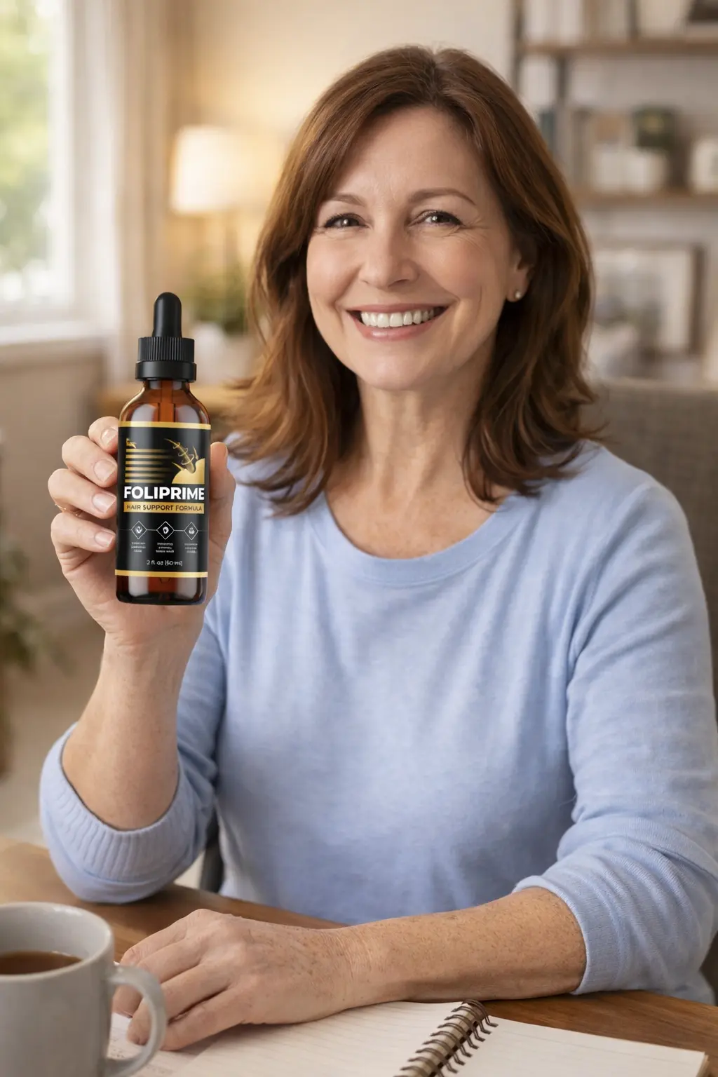Person holding a FoliPrime bottle, product topic 3