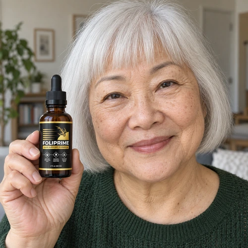 Person holding a FoliPrime bottle, product topic 4