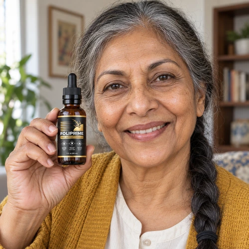 Person holding a FoliPrime bottle, product topic 5