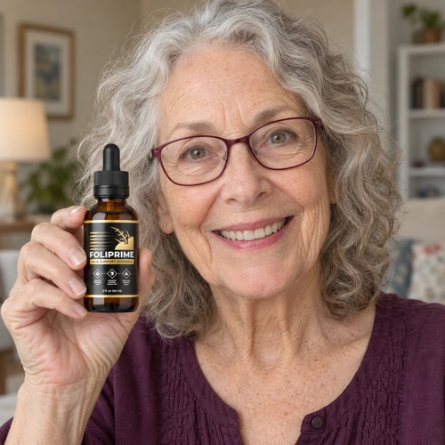 Person holding a FoliPrime bottle, product topic 6